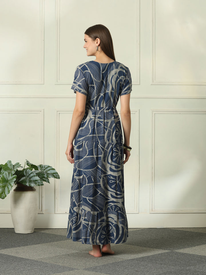 Designer Geometric Print Nighty with Tiered Hem in Urbane Indigo