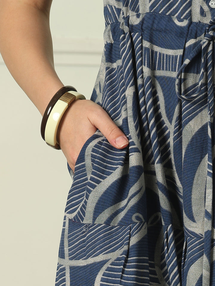 Designer Geometric Print Nighty with Tiered Hem in Urbane Indigo
