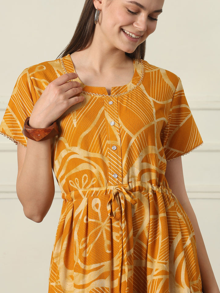 Geometric Frock Style Designer Nighty with Adjustable Waist in Urbane Honey