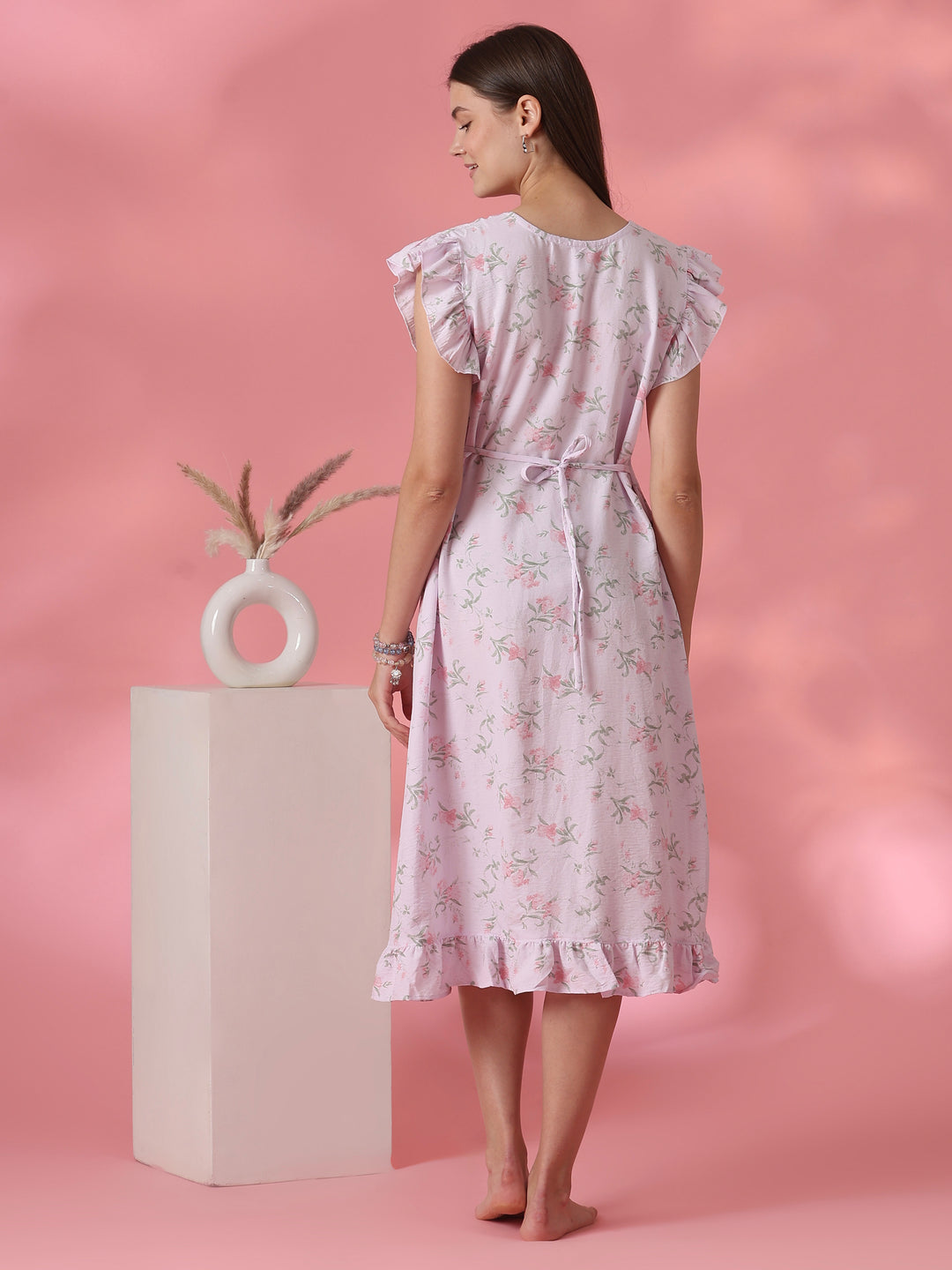 Floral Bamboo Feel Nightdress with Frill Cap Sleeves and Pocket