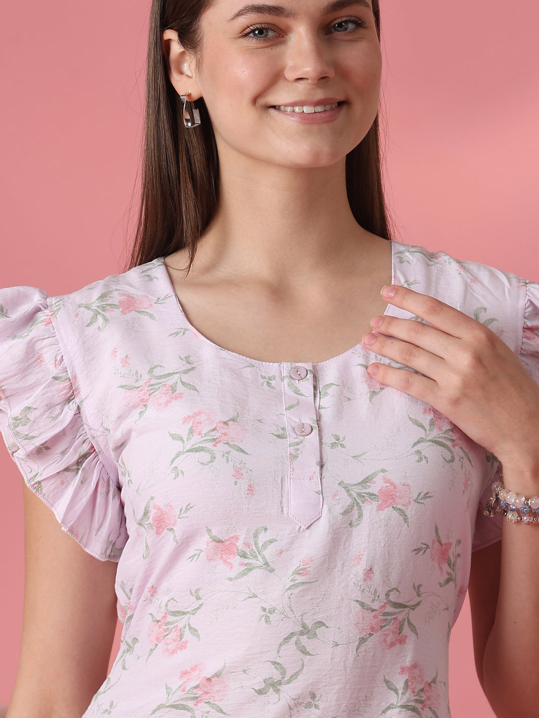 Floral Bamboo Feel Nightdress with Frill Cap Sleeves and Pocket