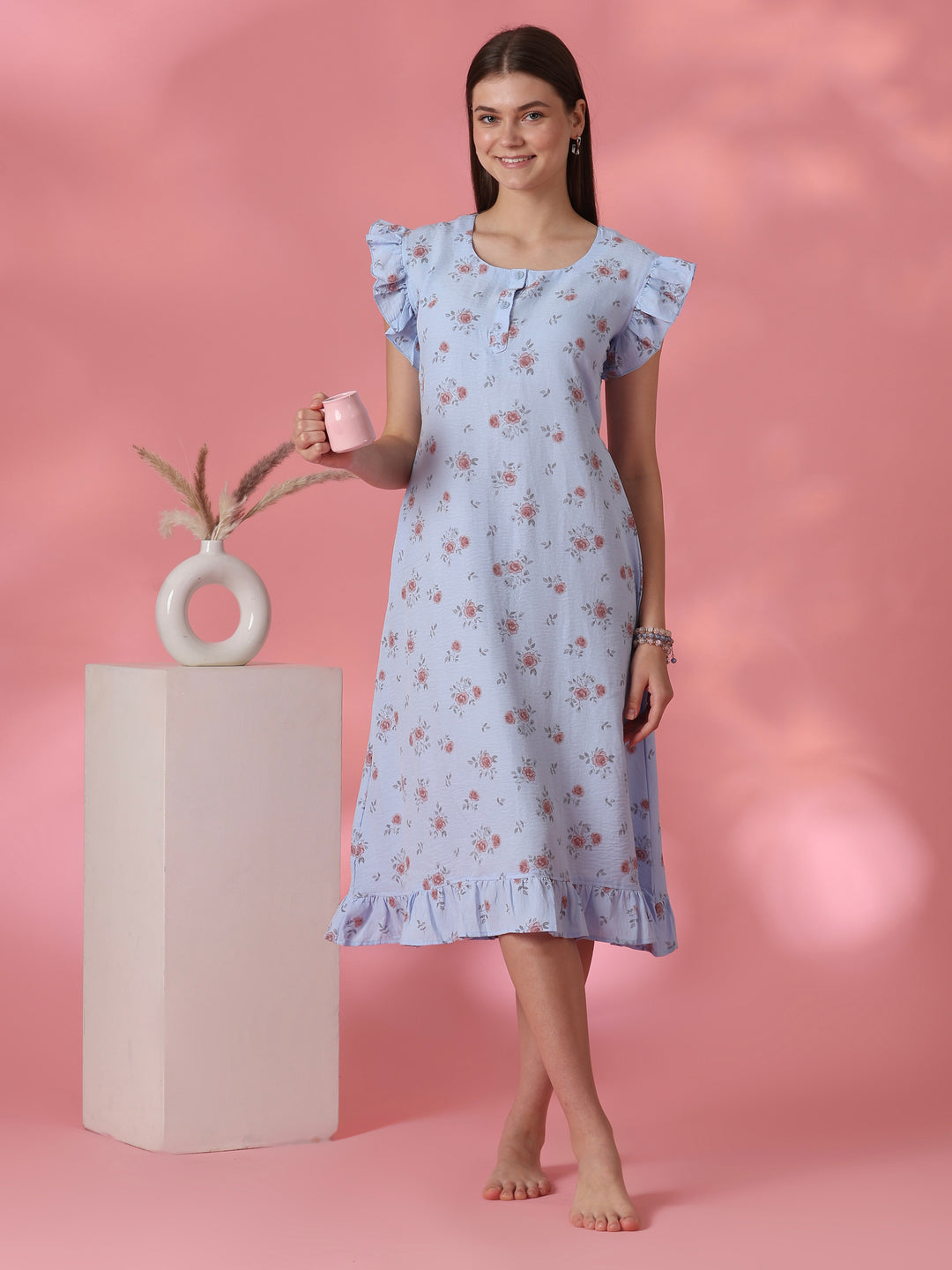 Frill Sleeve Rose Motif Crush Cotton Nighty for Women in Rosy Blue