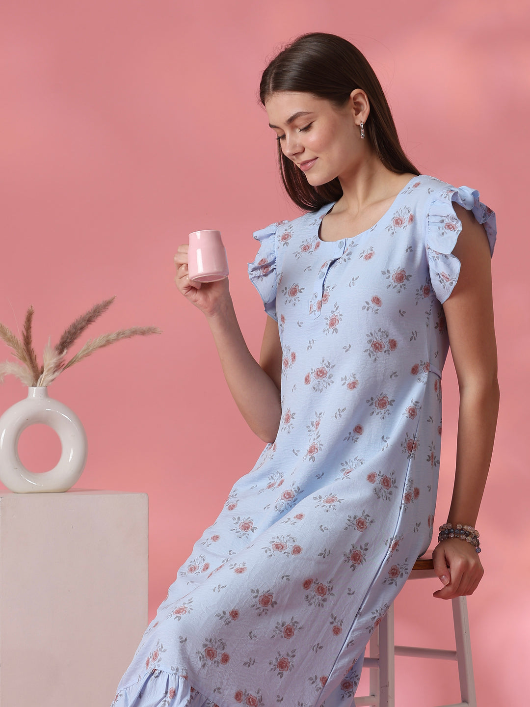 Frill Sleeve Rose Motif Crush Cotton Nighty for Women in Rosy Blue