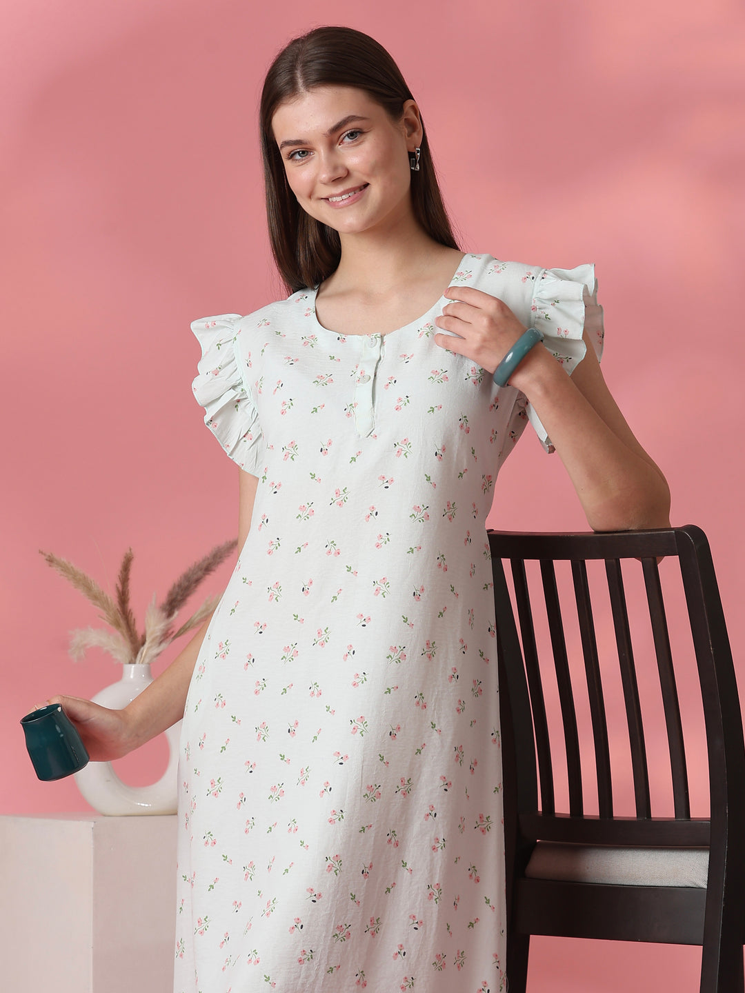 Back Tie Up Floral Crush Cotton Nighty for Women in Pastel Sage
