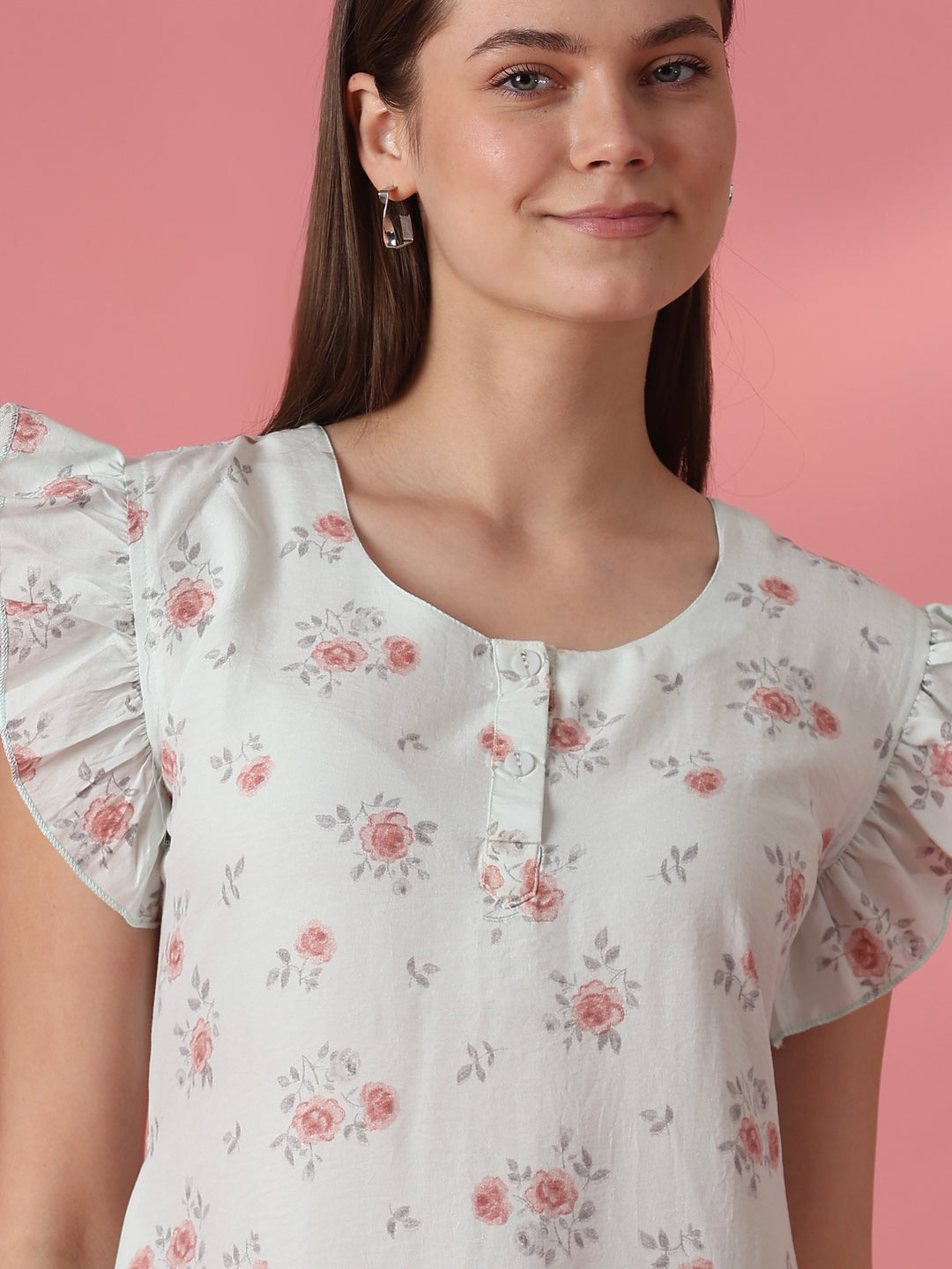 Adjustable Tie Up Waist Floral Nightdress for Women in Rosy Sage