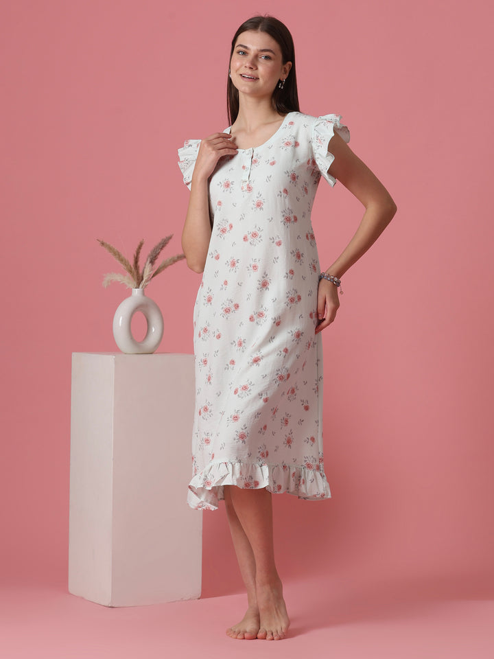 Adjustable Tie Up Waist Floral Nightdress for Women in Rosy Sage