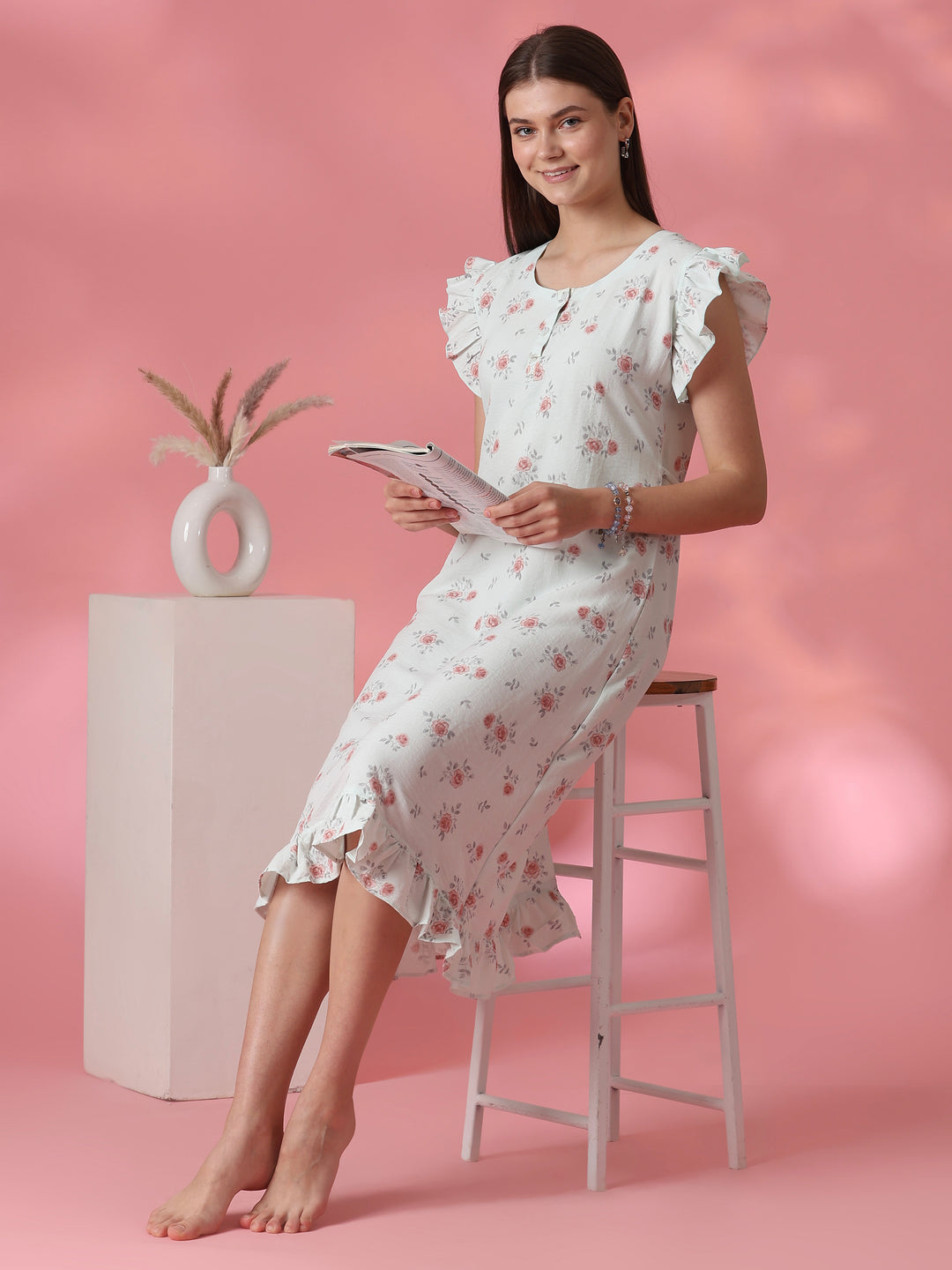 Adjustable Tie Up Waist Floral Nightdress for Women in Rosy Sage