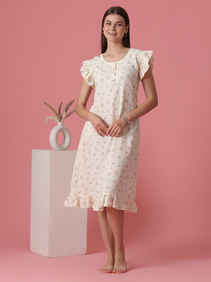 Pocket Detail Floral Short Nighty for Women in Pastel Yellow