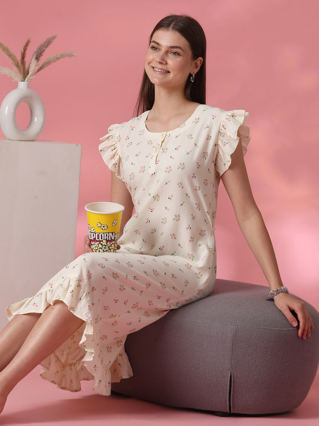 Pocket Detail Floral Short Nighty for Women in Pastel Yellow