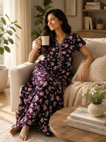 Black Floral Hosiery Cotton Nightgown For Women with Side Pocket