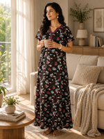 Deep Maroon Hosiery Cotton Floral Nightdress with Embroidered Neckline