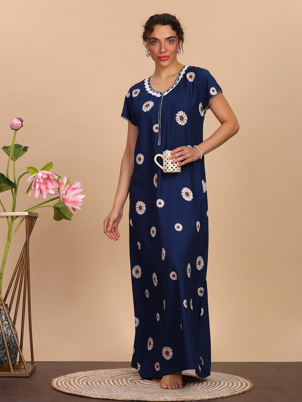 Elegant Embroidered Navy Blue Rayon Nighty For Women
