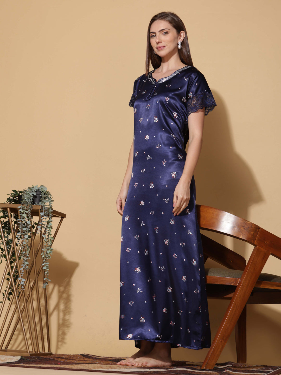 Royal Blue Satin Nighty - Elegant Sleepwear for Women