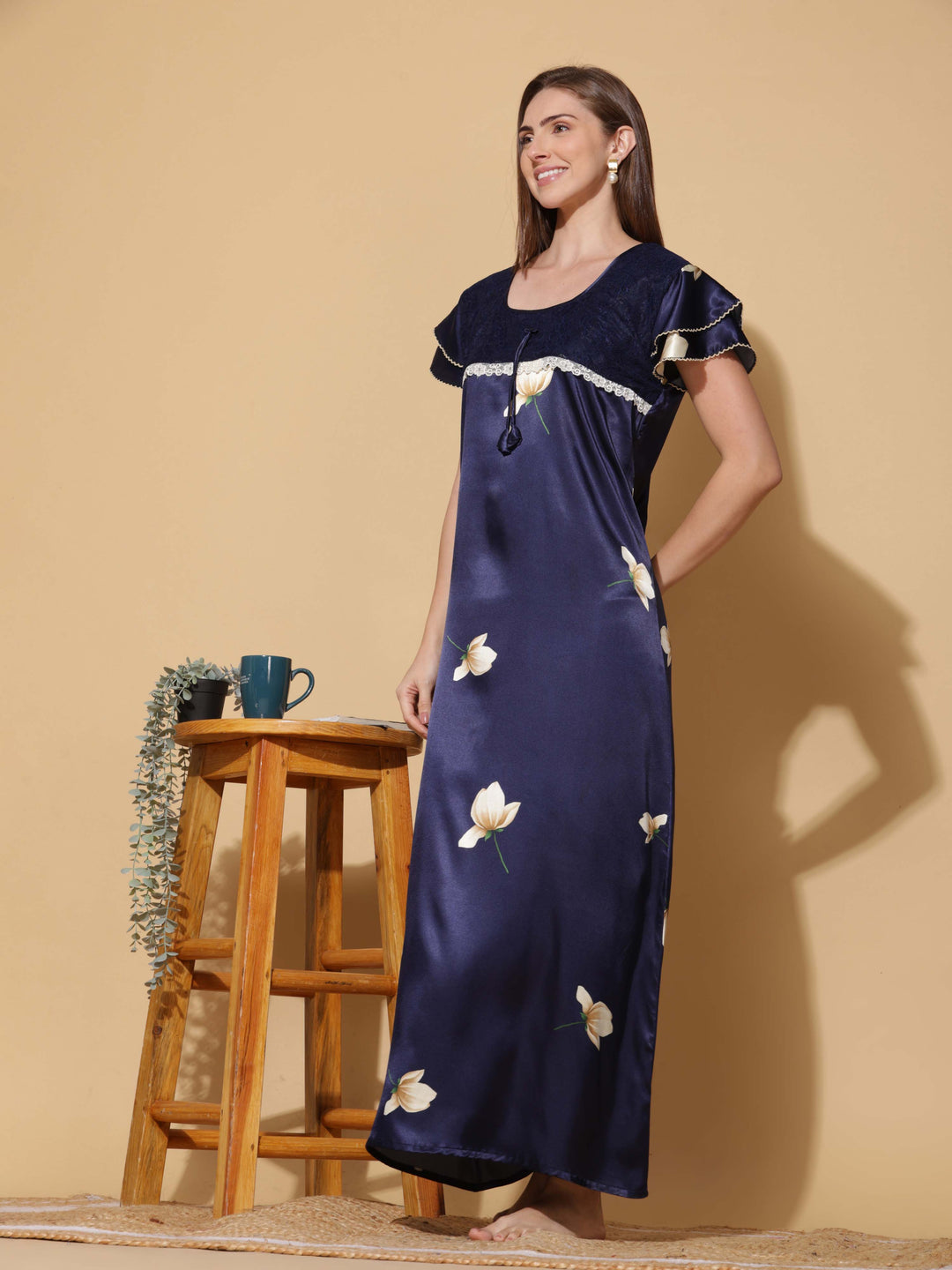 Luxurious Navy Blue Satin Nighty - Designer Sleepwear