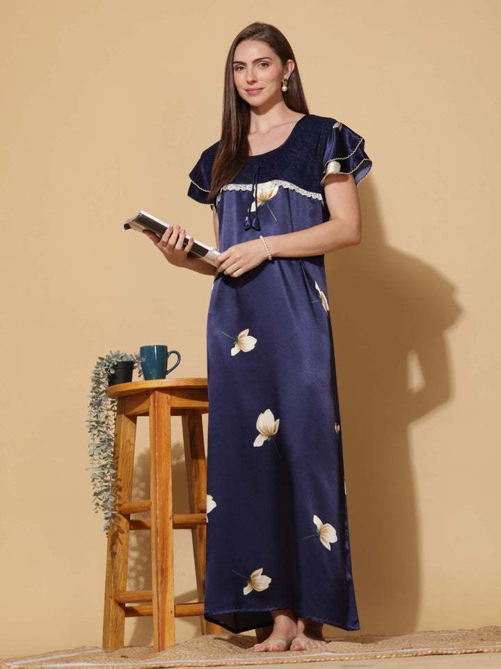 Luxurious Navy Blue Satin Nighty - Designer Sleepwear