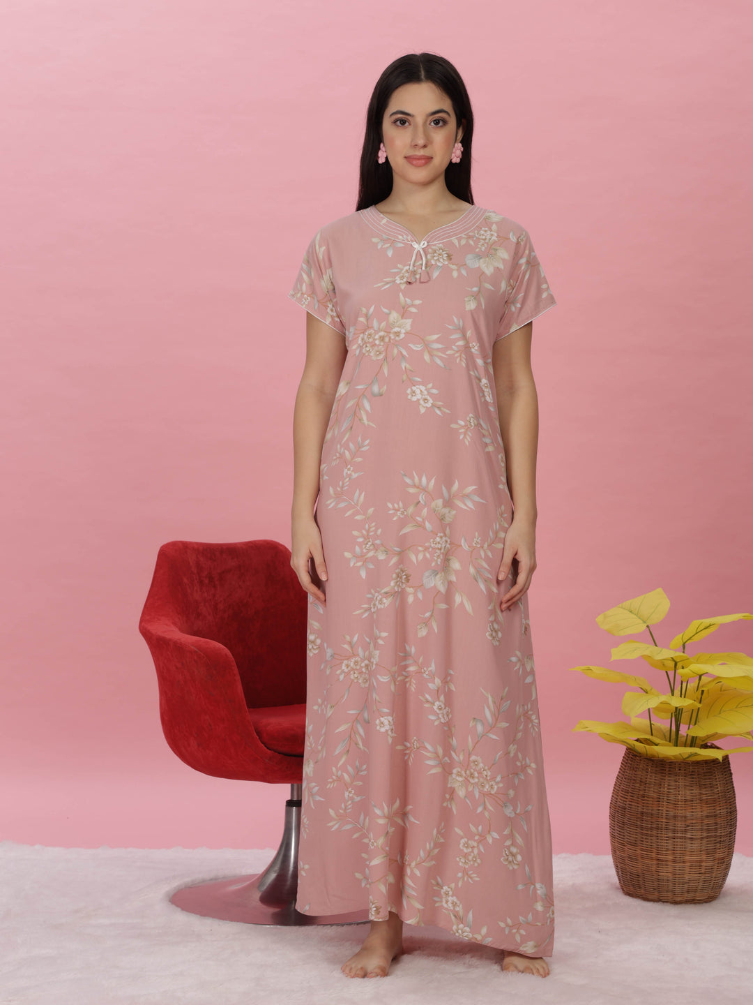 Pastel Peach Floral Designer Maxi Nighty for Women