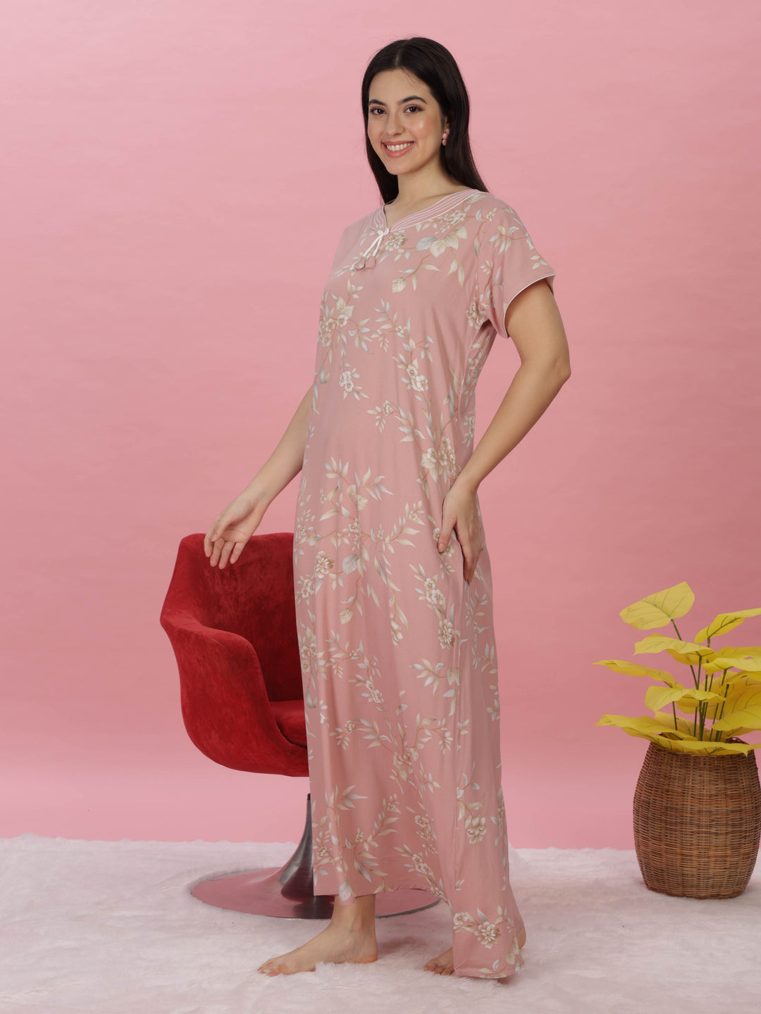 Pastel Peach Floral Designer Maxi Nighty for Women