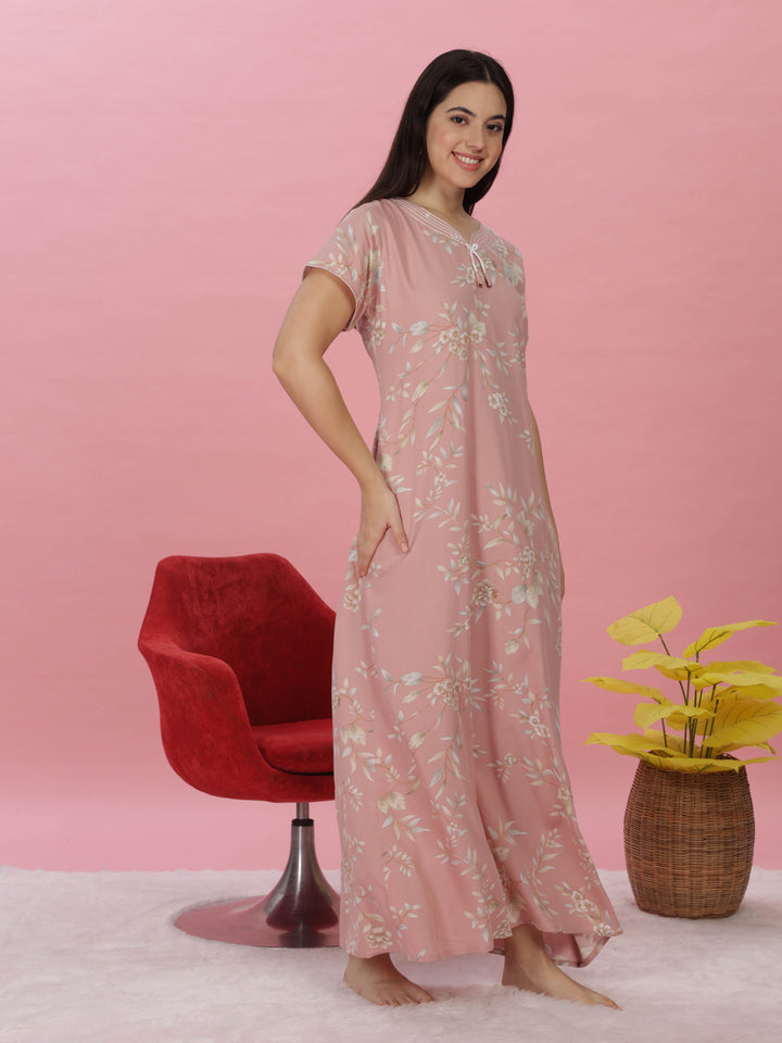 Pastel Peach Floral Designer Maxi Nighty for Women