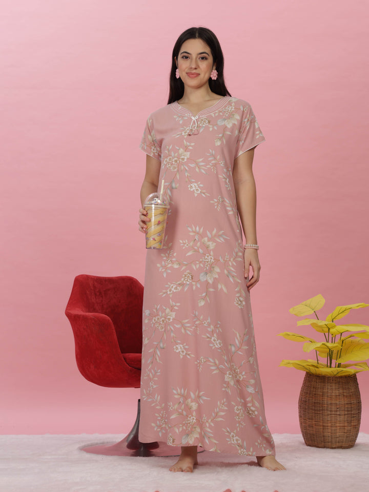 Pastel Peach Floral Designer Maxi Nighty for Women