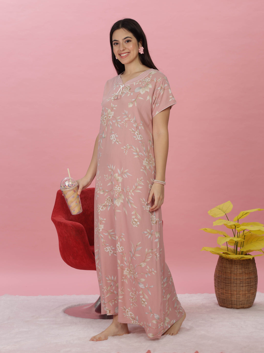 Pastel Peach Floral Designer Maxi Nighty for Women