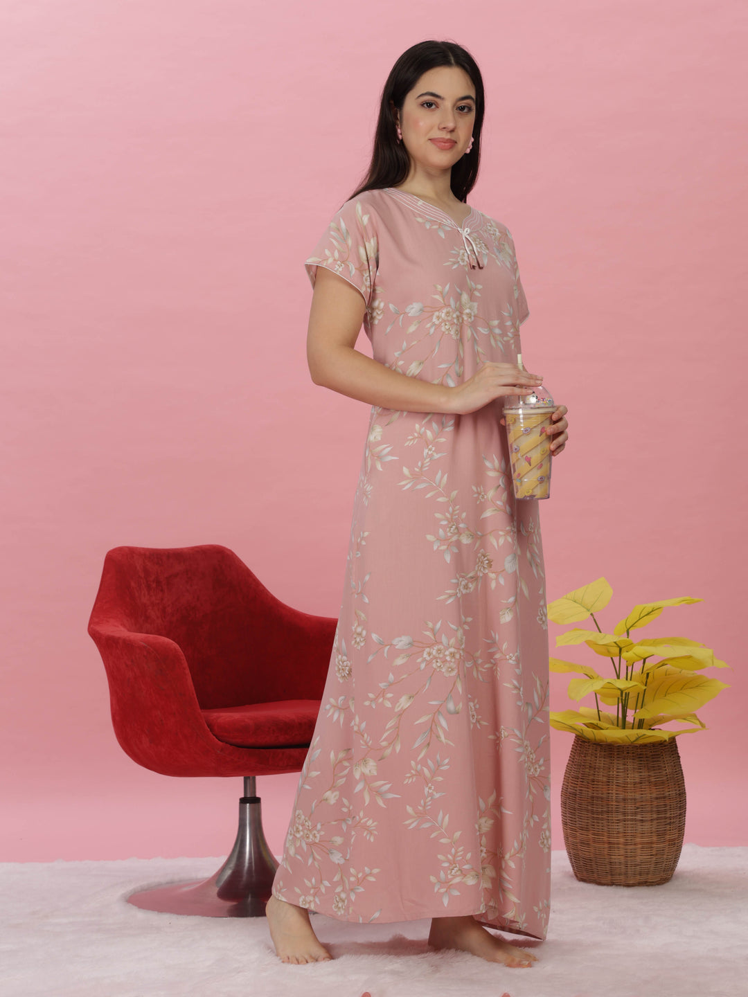 Pastel Peach Floral Designer Maxi Nighty for Women