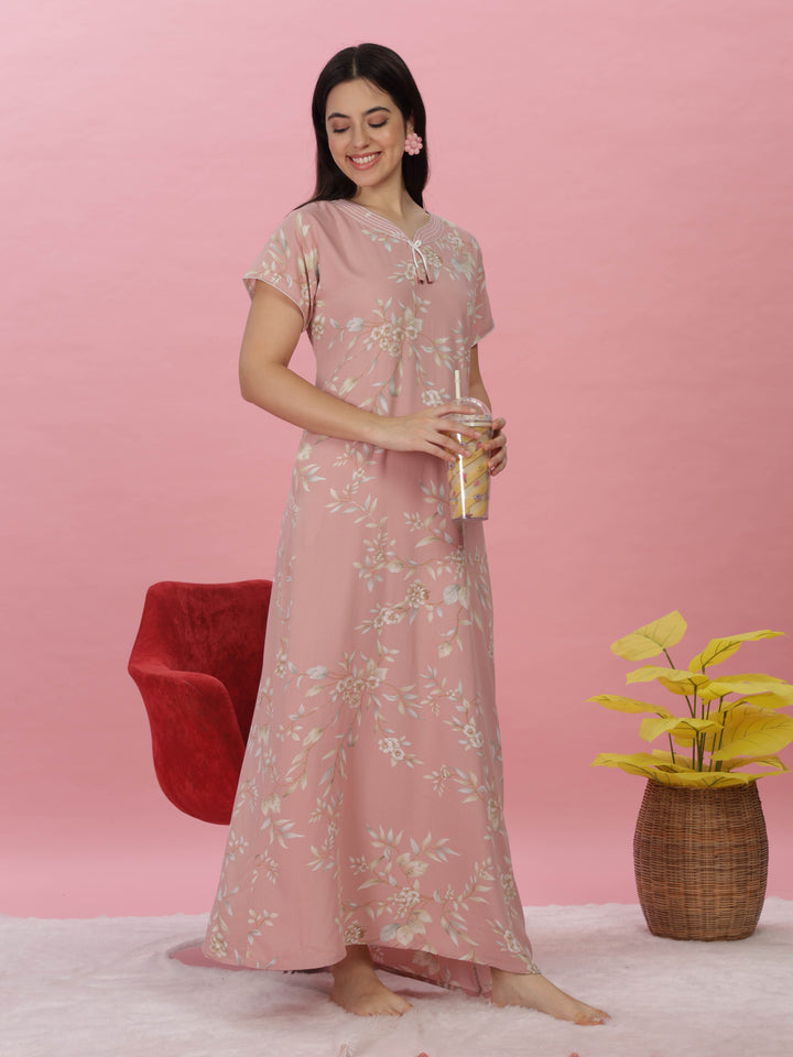 Pastel Peach Floral Designer Maxi Nighty for Women