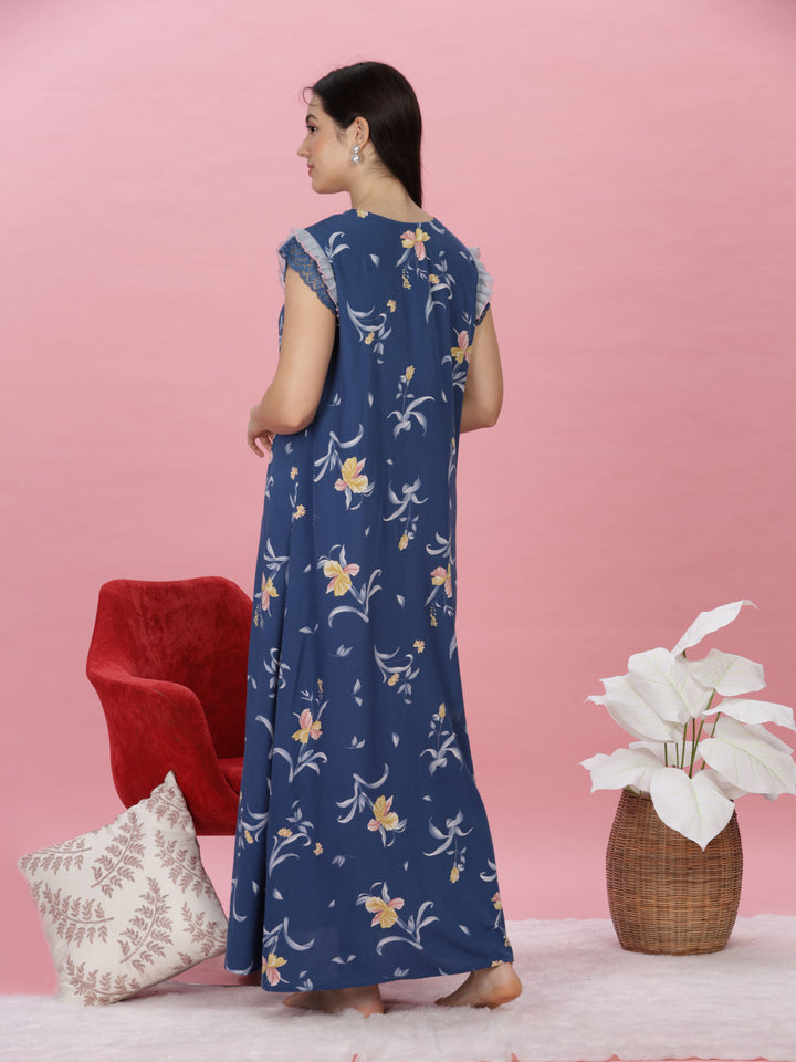 Denim blue floral print designer nighty