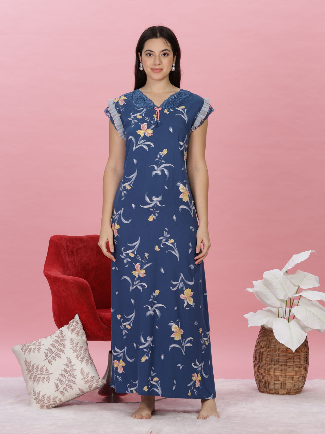 Denim blue floral print designer nighty