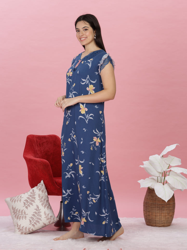 Denim blue floral print designer nighty