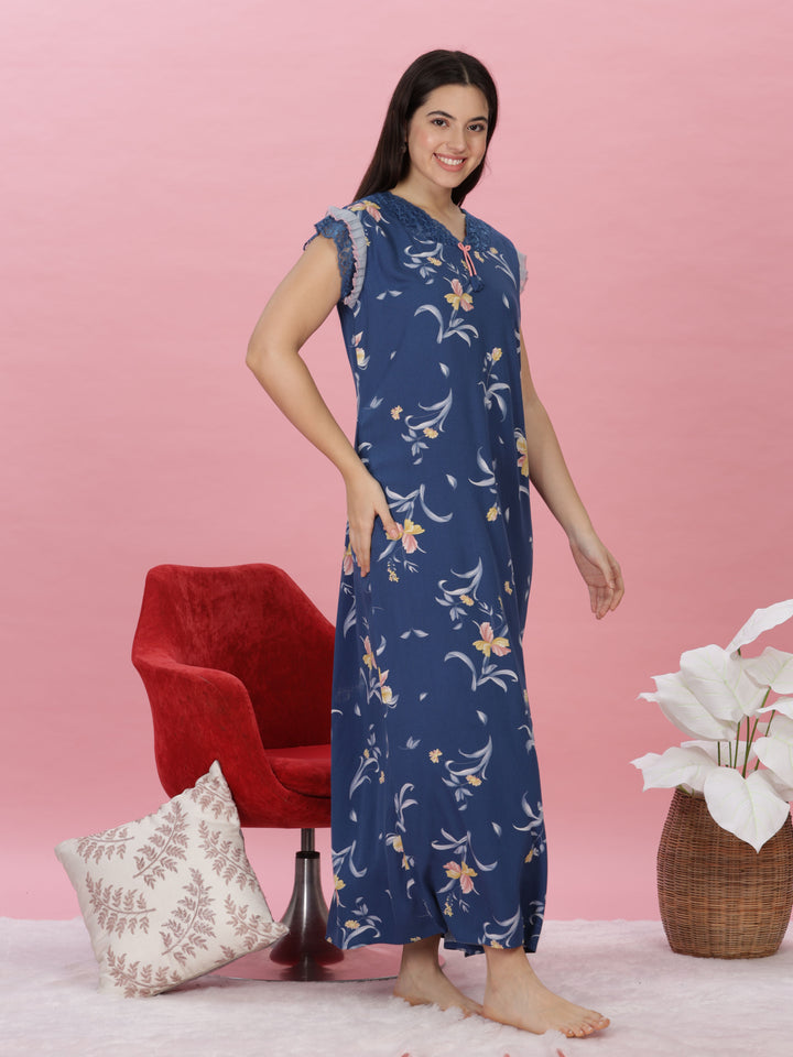 Denim blue floral print designer nighty