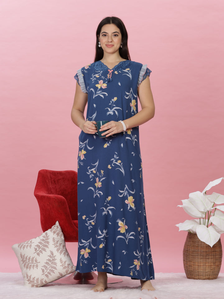 Denim blue floral print designer nighty