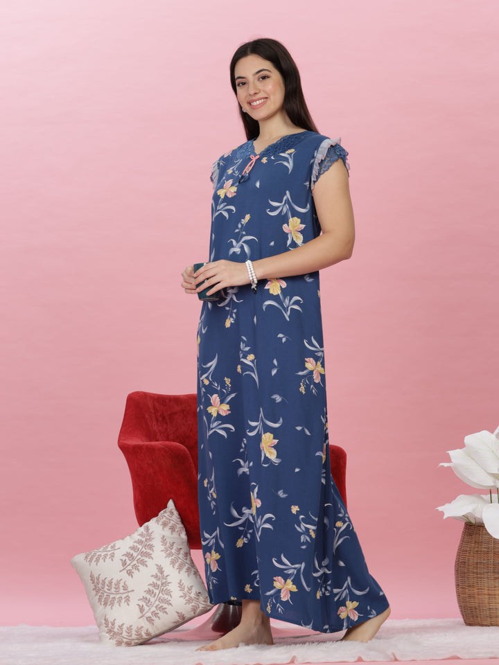 Denim blue floral print designer nighty