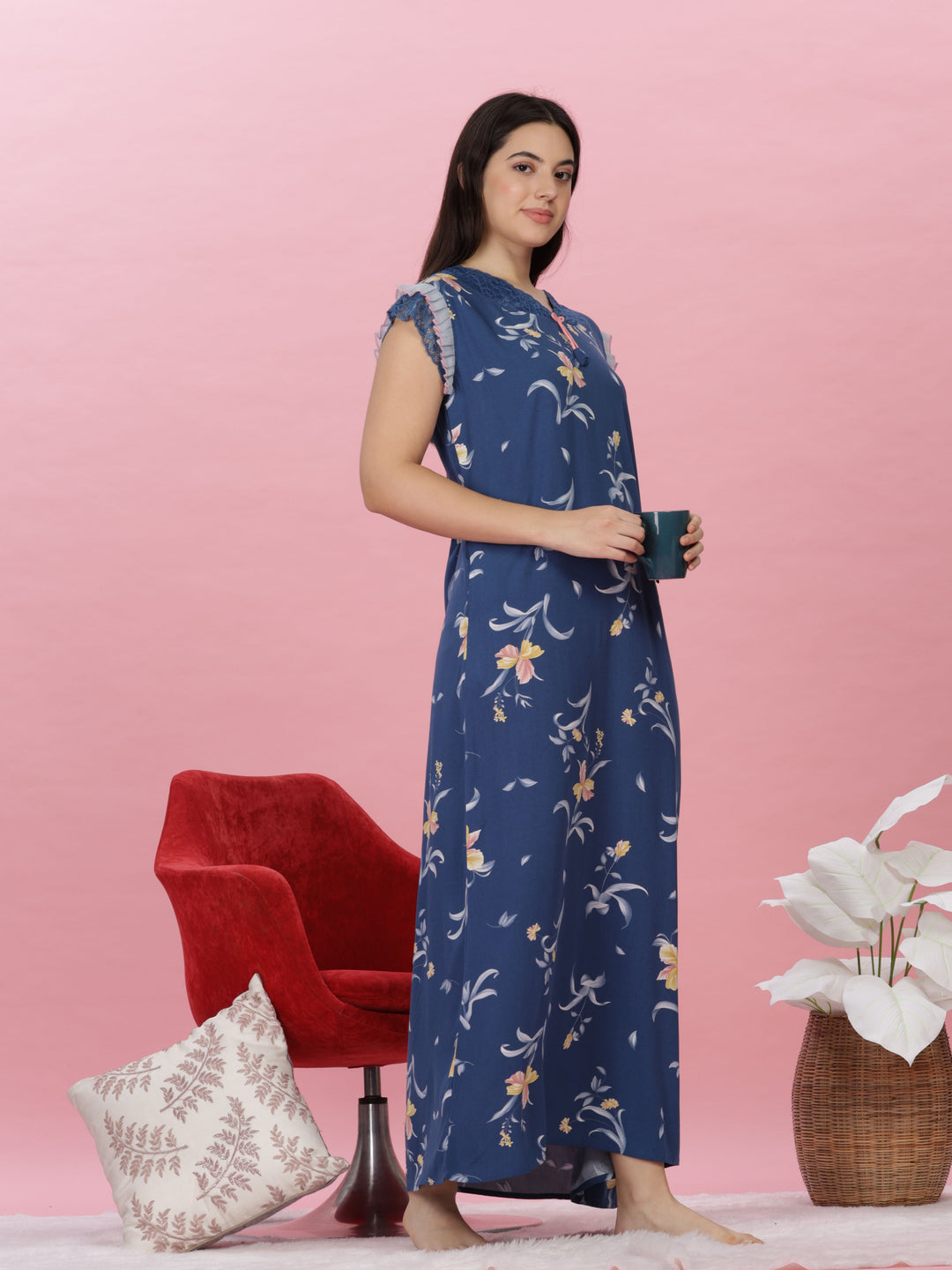 Denim blue floral print designer nighty