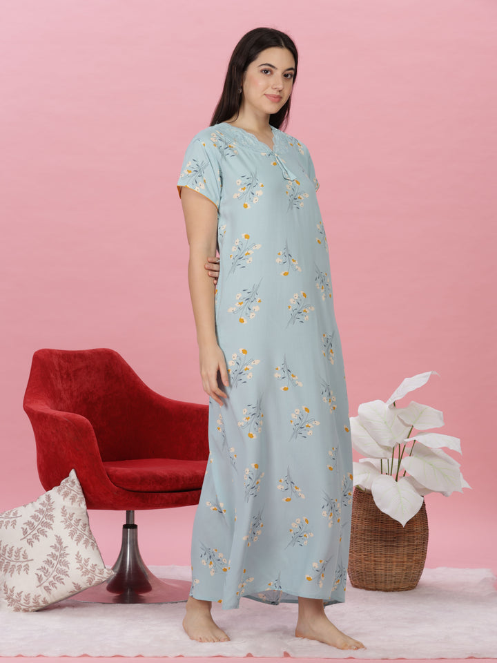 Sky Blue Lace-Trimmed Rayon Maxi Nightdress