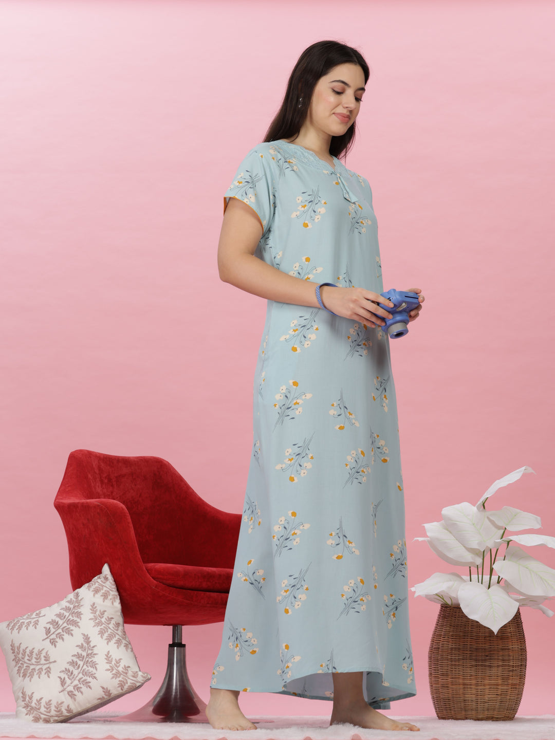 Sky Blue Lace-Trimmed Rayon Maxi Nightdress