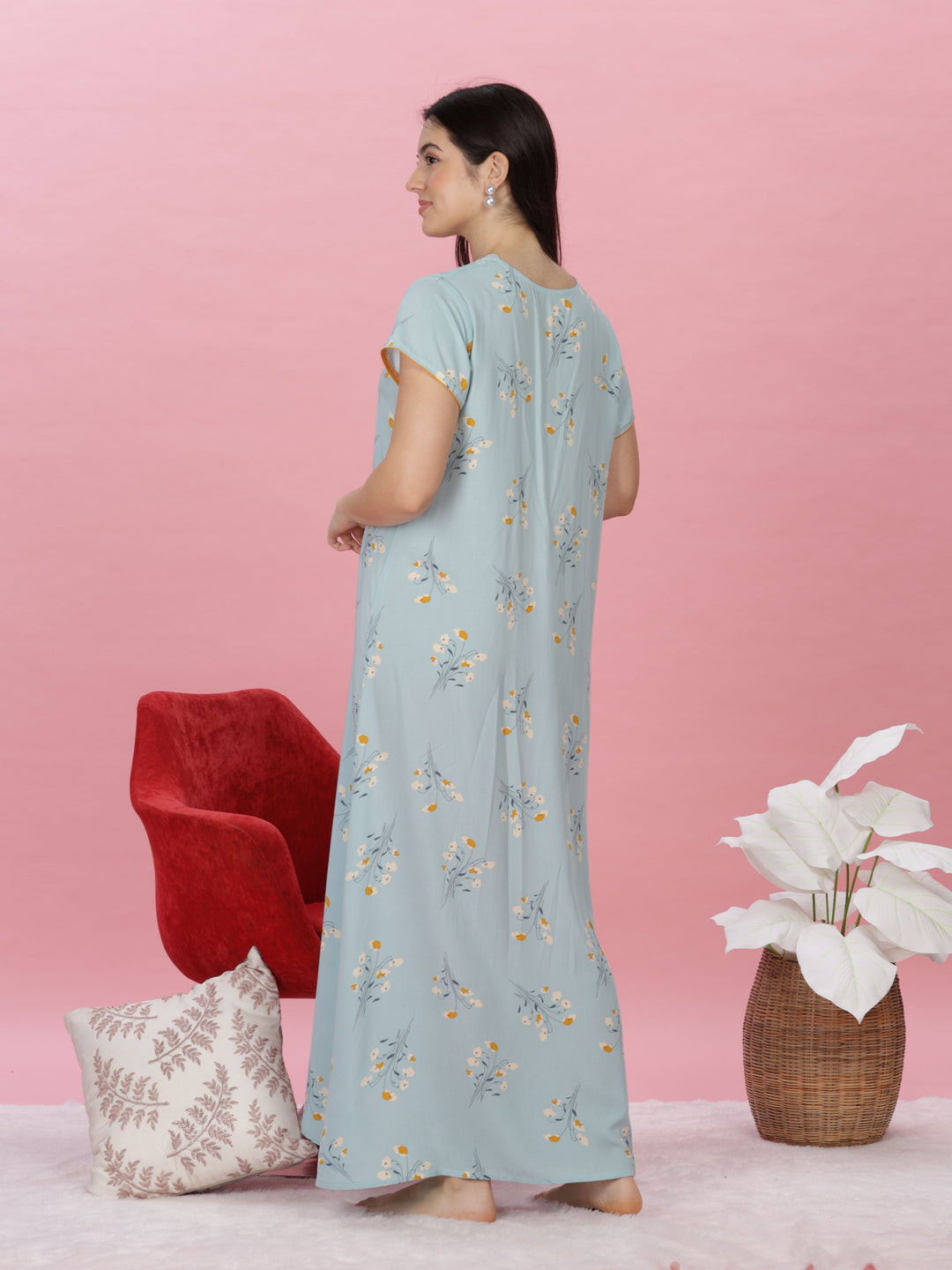 Sky Blue Lace-Trimmed Rayon Maxi Nightdress