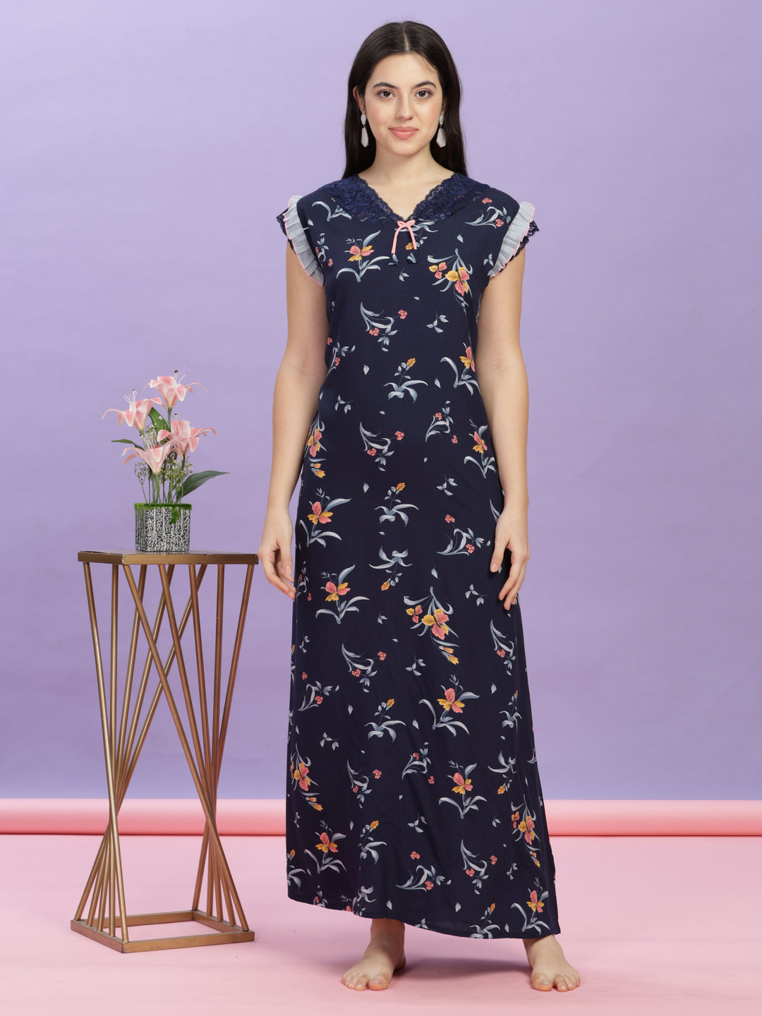 Navy blue floral print maxi nighty