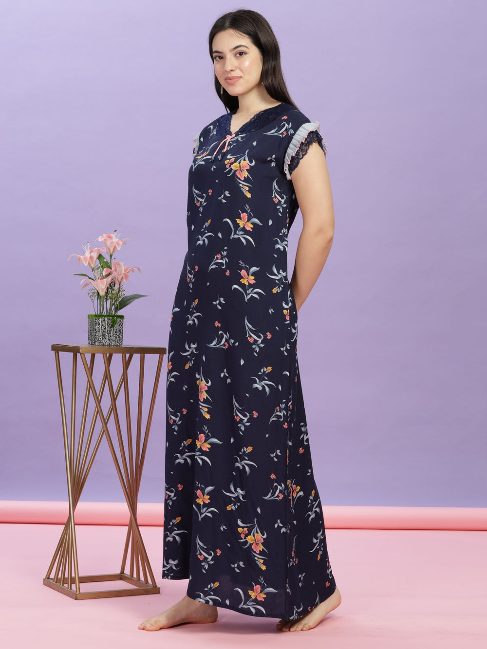 Navy blue floral print maxi nighty