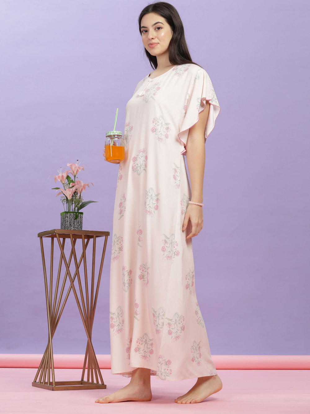  Rayon Designer Nighty  Buy Pastel Pink Floral Rayon Nighty with Kaftan Sleeves- 9shines label 