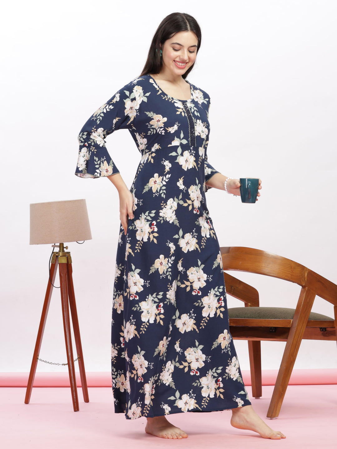 Navy-Blue-Floral-Rayon-Nighty