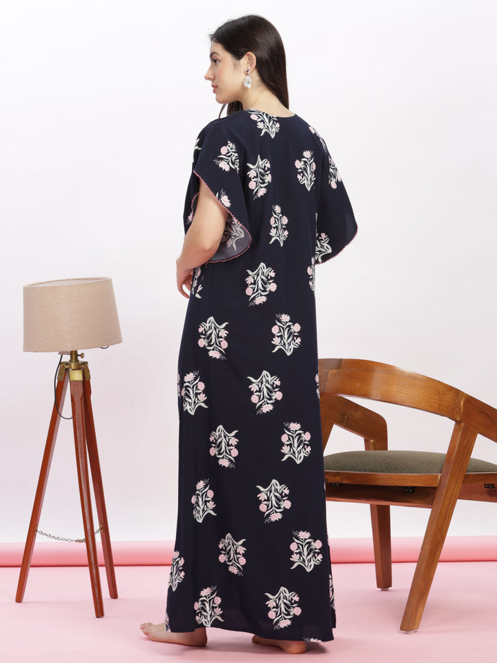 Dark blue floral print kaftan nighty 