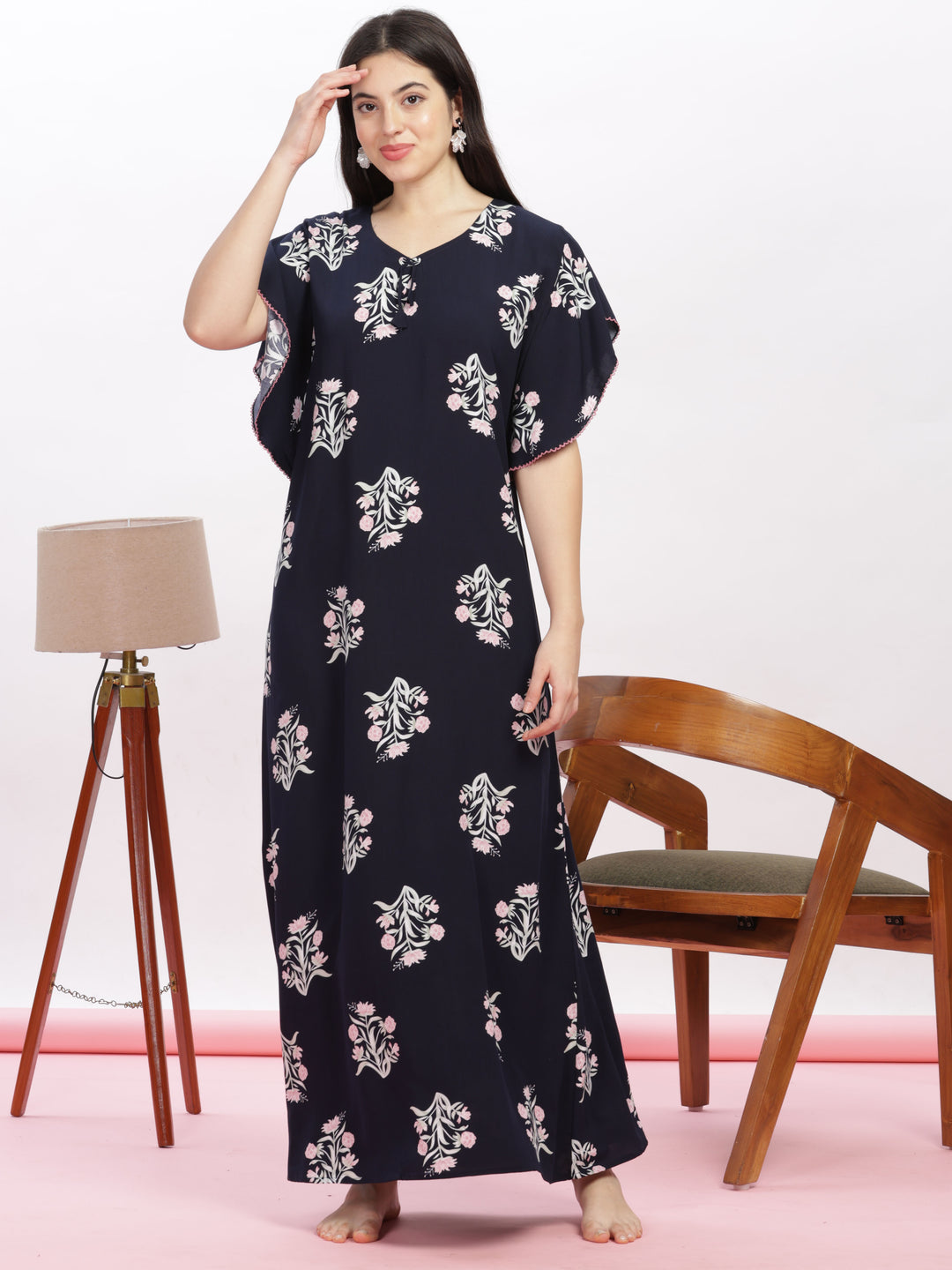 Dark blue floral print kaftan nighty 