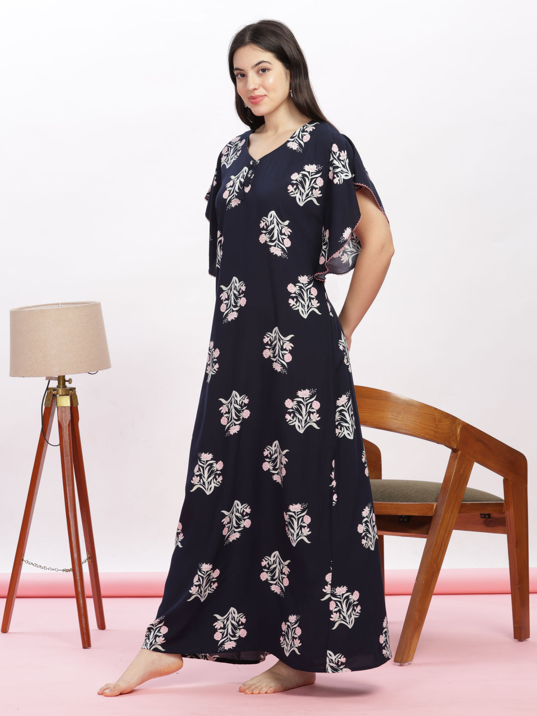 Dark blue floral print kaftan nighty 