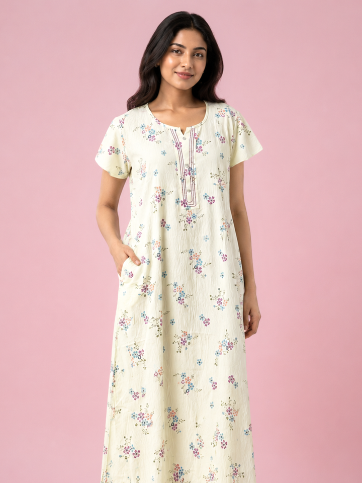 Meadow Yellow Floral Crush Cotton Nighty for Women Relaxed Fit