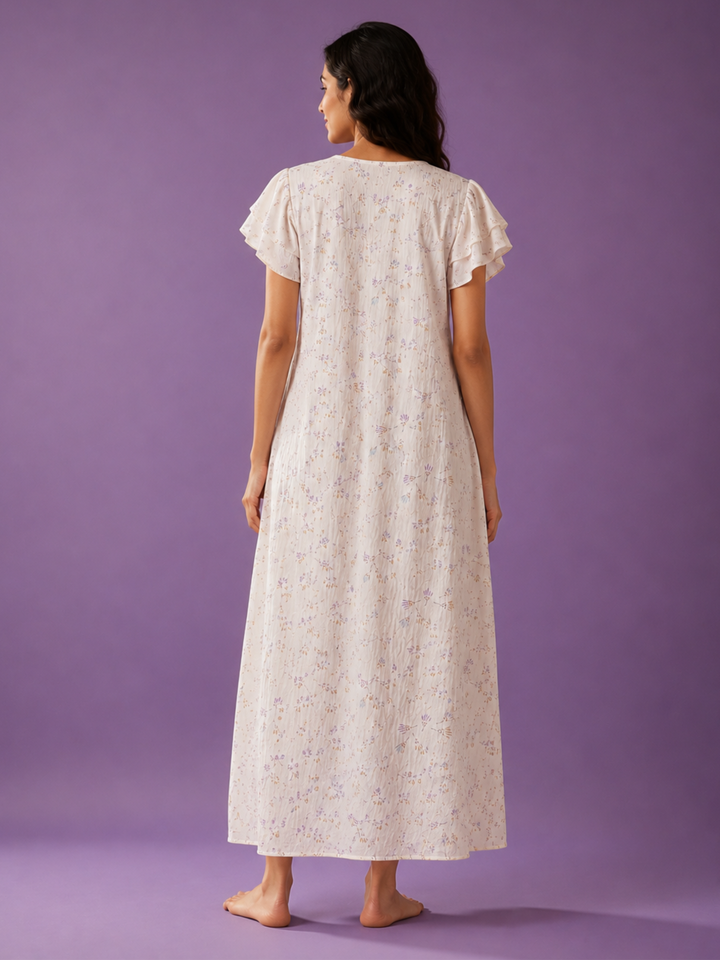Pastel Cream Bamboo Feel Crush Cotton Floral Designer Nighty