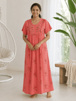 Ruby Cotton Blend Floral Embroidered Nighty for Women