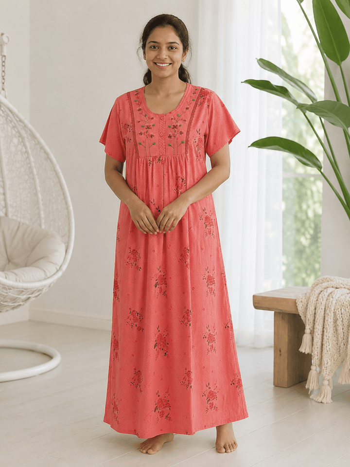 Ruby Cotton Blend Floral Embroidered Nighty for Women