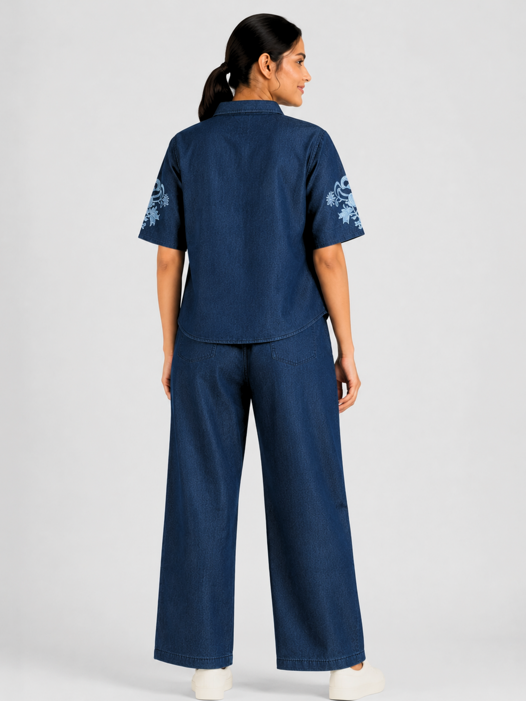 Dark Blue Denim Co Ord Set with Sleeve Embroidery for Women