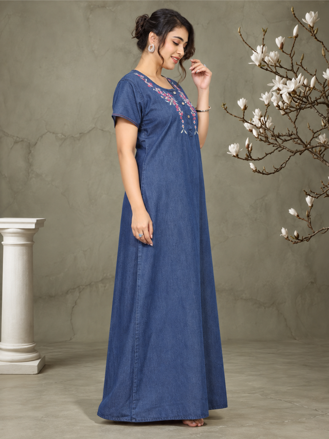 Soft Denim Blue Nighty with Pink Floral Embroidery Maxi Length