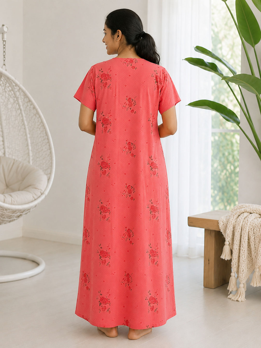 Ruby Cotton Blend Floral Embroidered Nighty for Women